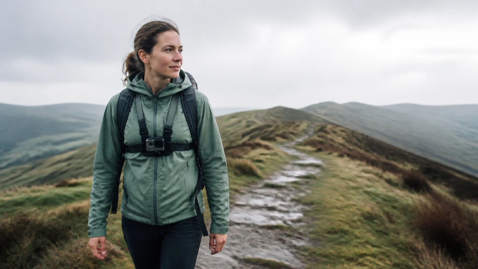 Hiker on a misty UK trail filming with a chest-mounted action camera