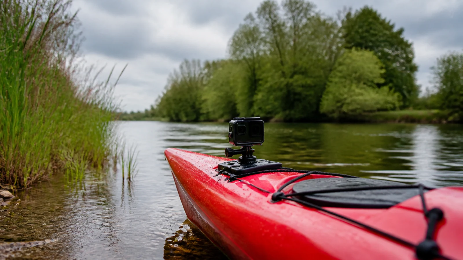 Kayak on a UK river with an action camera mounted on the bow