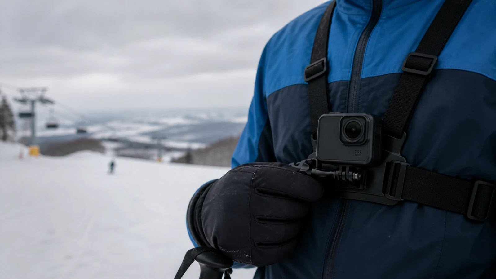 Skier filming a snowy run with a chest-mounted action camera