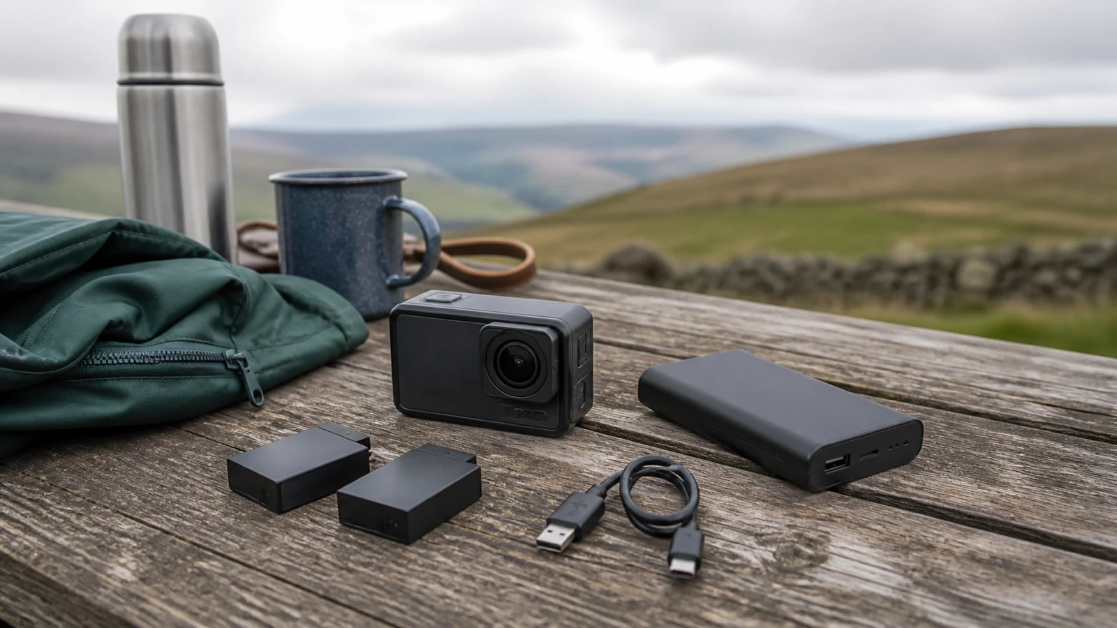 Action camera day kit with spare batteries prepared for a long UK outdoor shoot