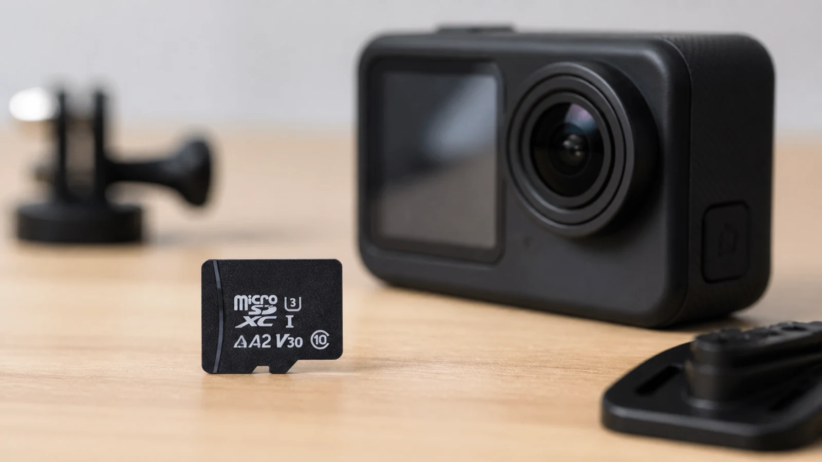 microSD card next to an action camera illustrating 4K storage prep