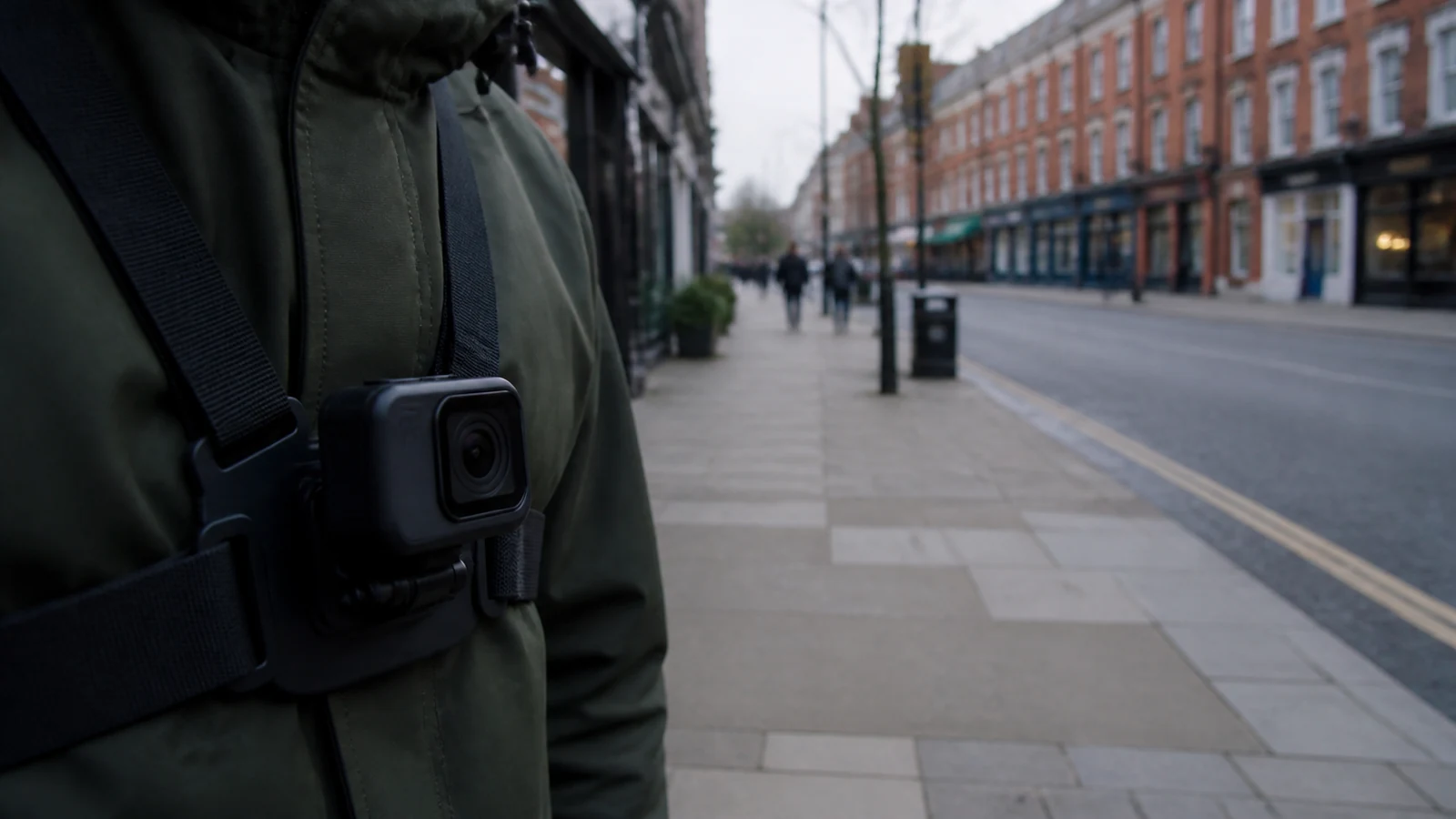 Compact action camera worn on a chest mount during a UK city walk